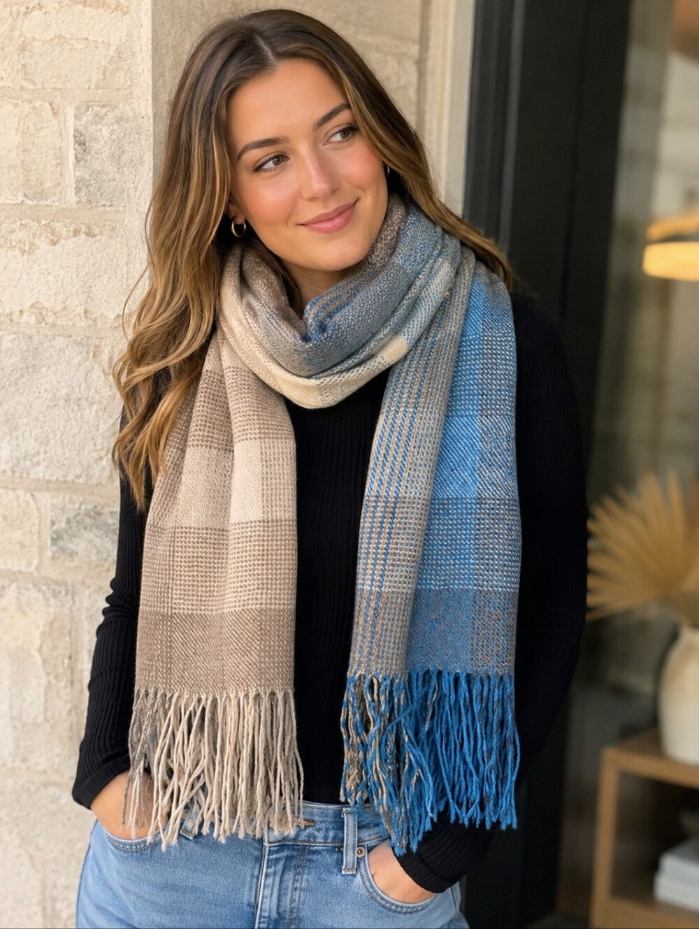 Woven Plaid Fringe Scarf in Blue and Gray